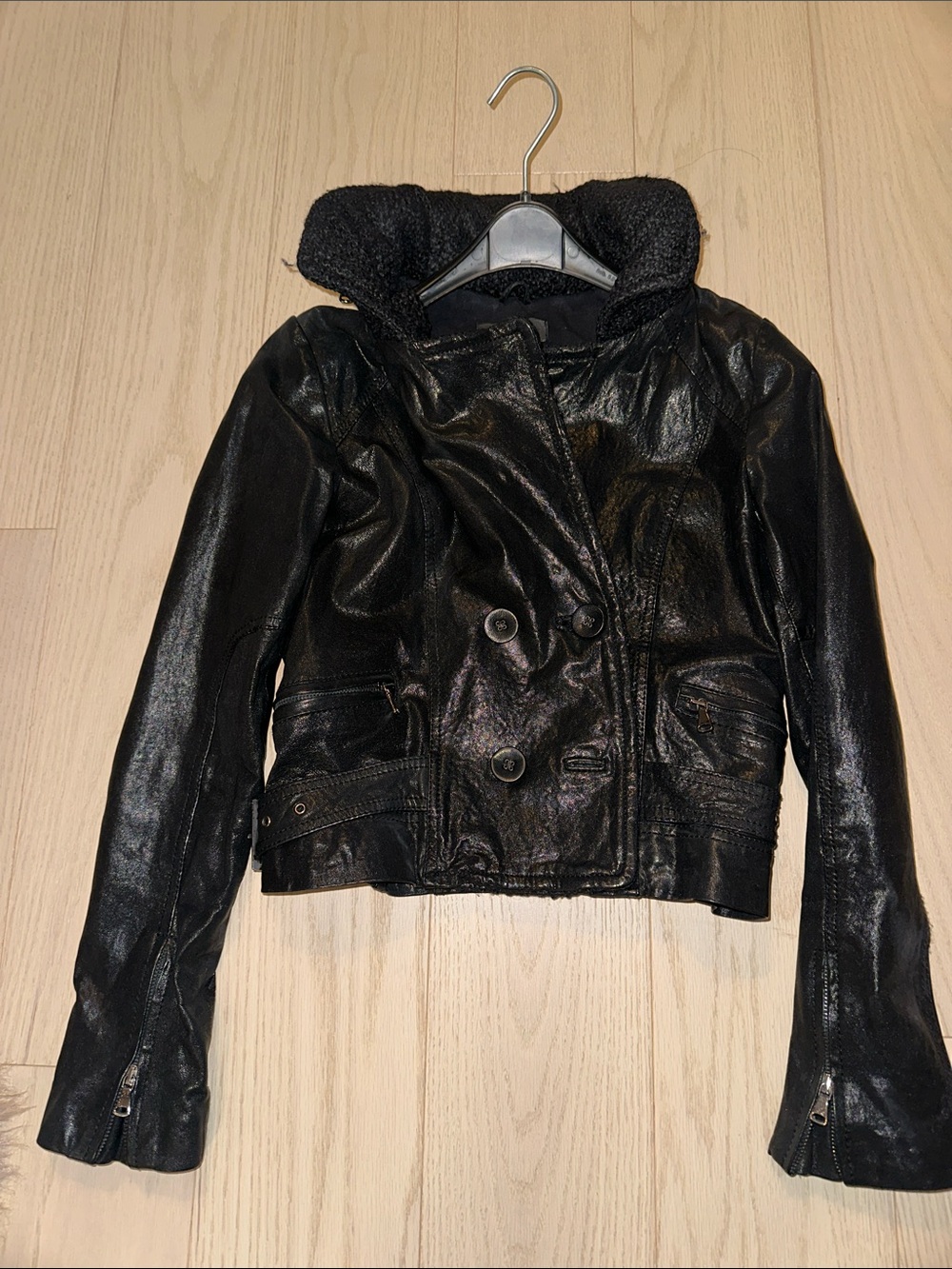 Black Leather Jacket with wool blended Collar